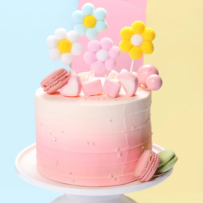 

Cute Pom Pom Flower Birthday Cake Insert Baking Dessert Decoration Plugin DIY Creative Personality Party Favor Supplies Topper