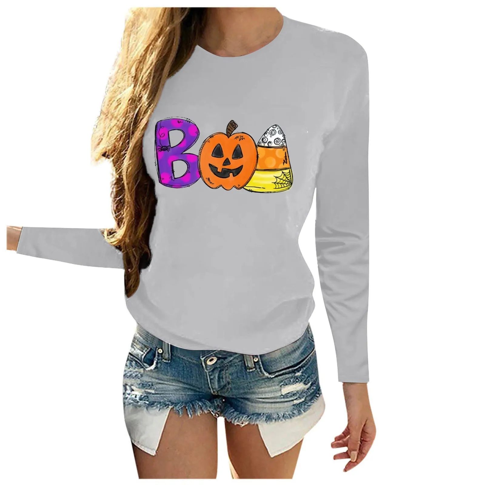 

Halloween Women's Stamp Print Fashion Soft Round Neck Loose Long Sleeve T Shirt Printed Long Lace Top Summer Tops