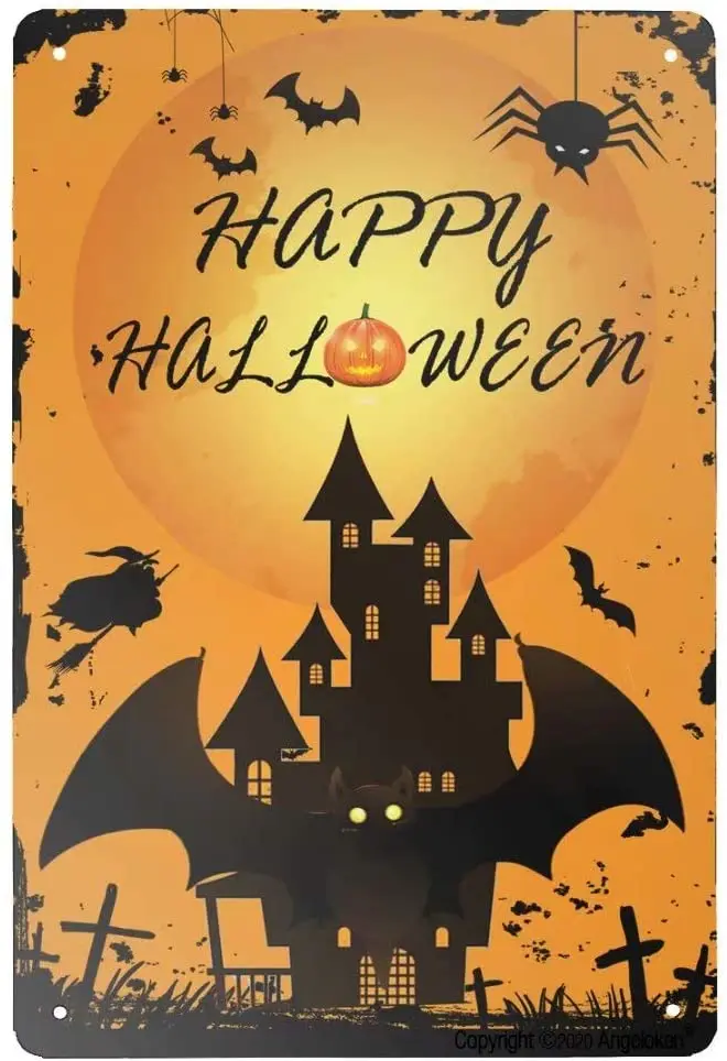 

Happy Halloween Metal Tin Sign Home Living Room Room Art Deco Restaurant Cafe Retro Square Metal Wall Sign 8X12 Inch