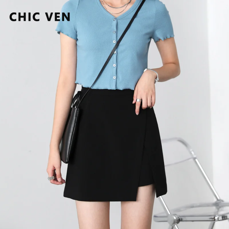 

CHIC VEN Women Mini Skirt Solid Short Bodycon Split High Waist Classic Black Student Trendy Office Ladies Woman Summer 2022