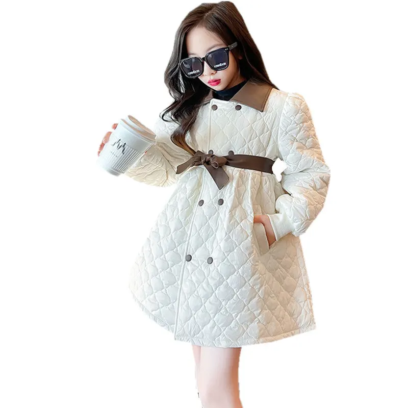 

Korean Teen Girls Outerwear Double-Breasted Jackets with Bowknot Belt Fashion Winter New Cotton Clothes for Kids 8 9 10 12 14Yrs
