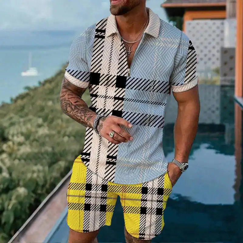 Retro Polo Shirt Set Summer Casual Striped Shorts 2Piece Tracksuit Streetwear Turn Down Collar Zipper Polo Outfits Men Clothing