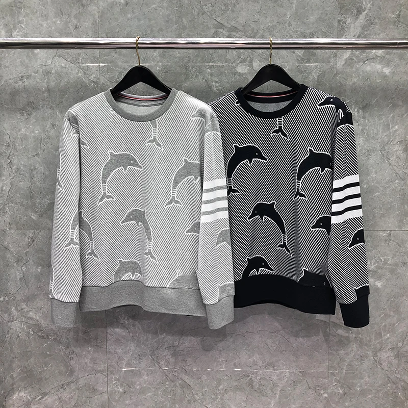 

TB THOM Men's Ultimate Cotton Heavyweight Crewneck Sweatshirt Classic 4-Bar Striped Dolphin Printed Design Tops Cotton Jackets