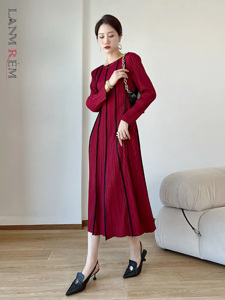 

LANMREM Long Pleated Dress For Women Round Neck Long Sleeves Loose Elegant Dresses Female Party Clothing 2023 Spring 2R9305