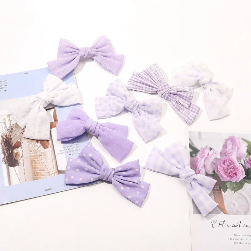 

Милые фиолетовые заколки для волос с бантом, женская модная шифоновая заколка в горошек и клетку, аксессуары для волос для девушек, весна 2022