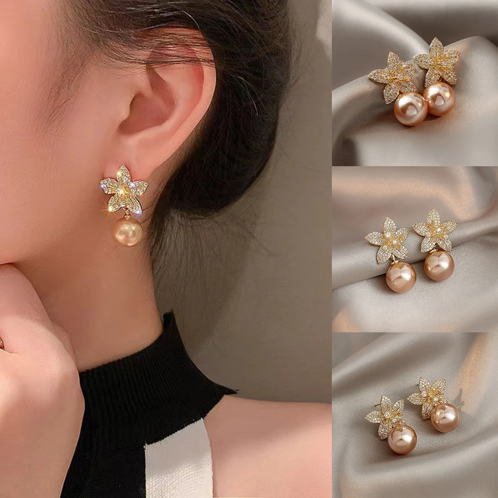 

Korean New Trendy Floral Simulated Pearl Earrings For Women Full Paved Brilliant Temperament Flower Dangle Earrings Body Jewelry