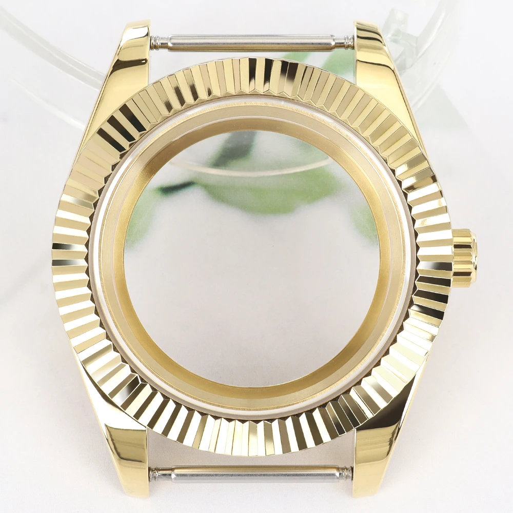 Фото Корпус для часов Diver 36 мм/39 мм, золотистое PVD-покрытие, рифленый изогнутый безель, сапфировое стекло, для SK DJ NH35 NH34 NH36 NH38 Miyota8215 NH35, аксессуары для часов. №1