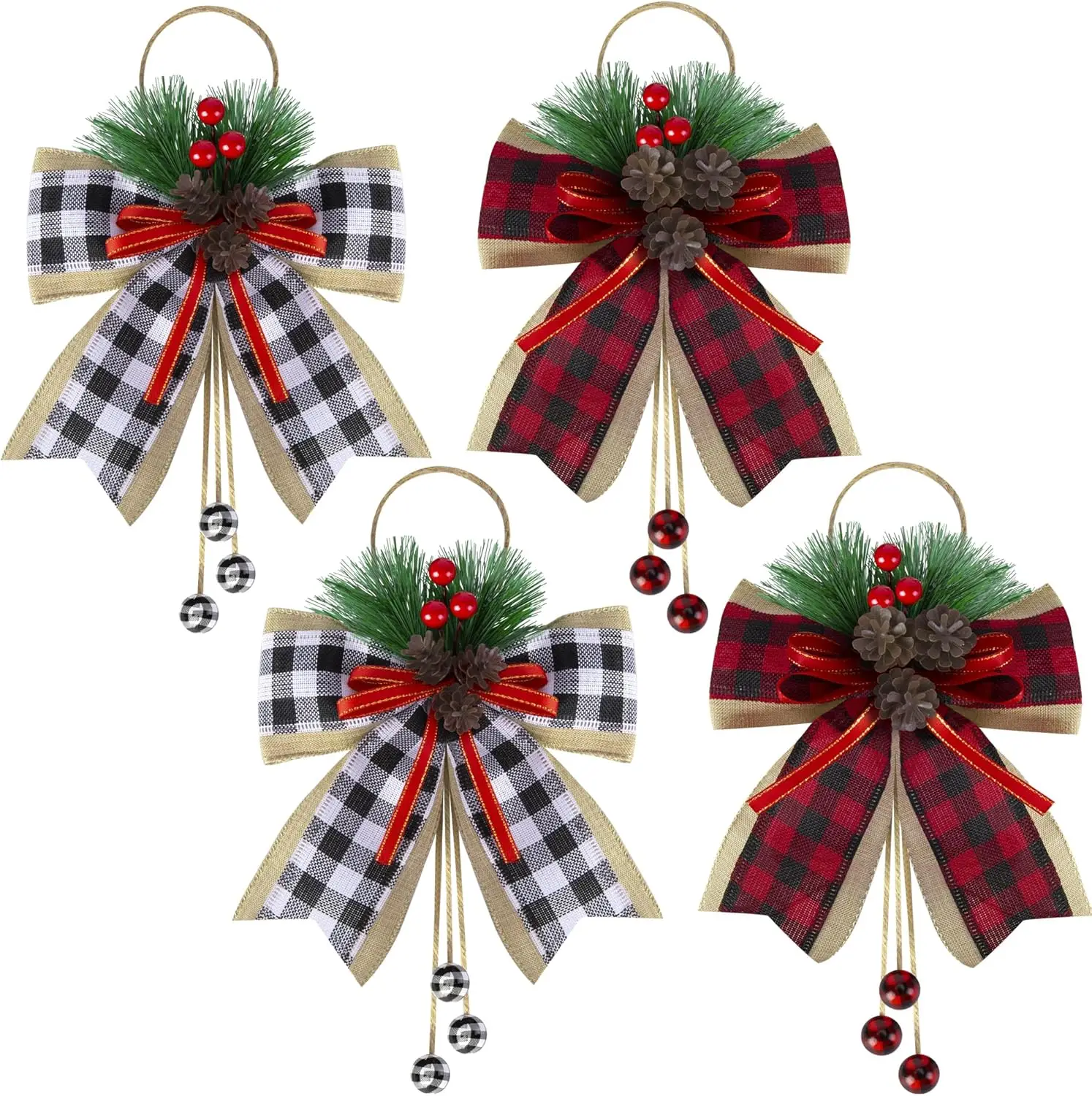 6 шт. Рождественский клетчатый бант из мешковины с сосновыми шишками - большие