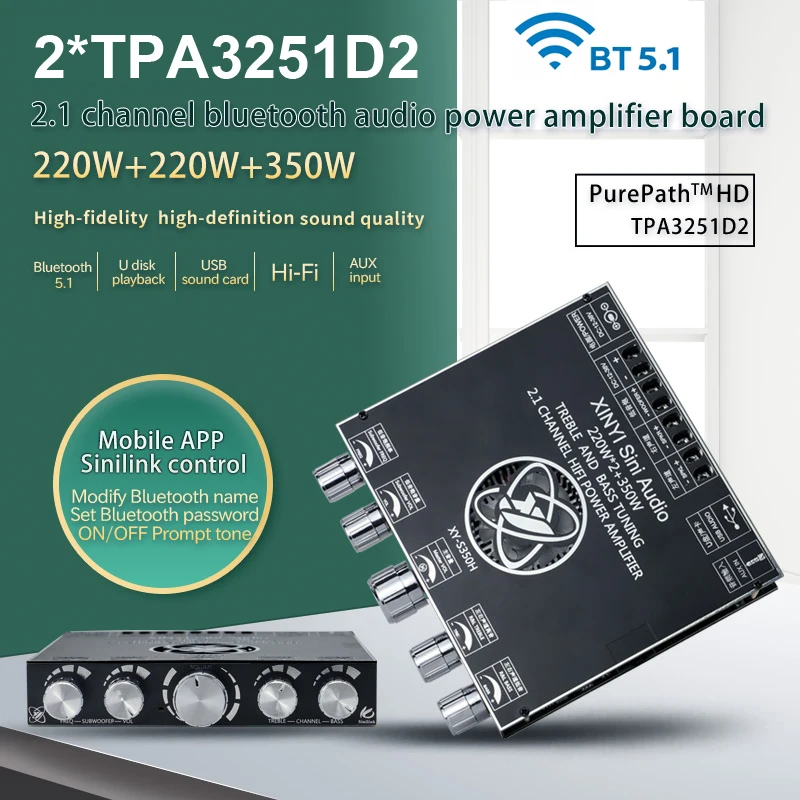 

2*220W+350W TPA3251 Bluetooth Power Amplifier Board 2.1 Ch Class D USB Sound Card Subwoofer Theater Audio Stereo Equalizer Amp