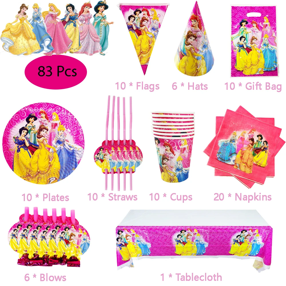 

83Pcs Disney Princess Snow White Party Supplies Paper Cup Plate Napkin Tablecloth Disposable Tableware Set Birthday Decoration