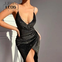 ledp summer sexy backless evening bling dress women deep v neck bodycon spaghetti strap mid long dresses chest chain clubwear