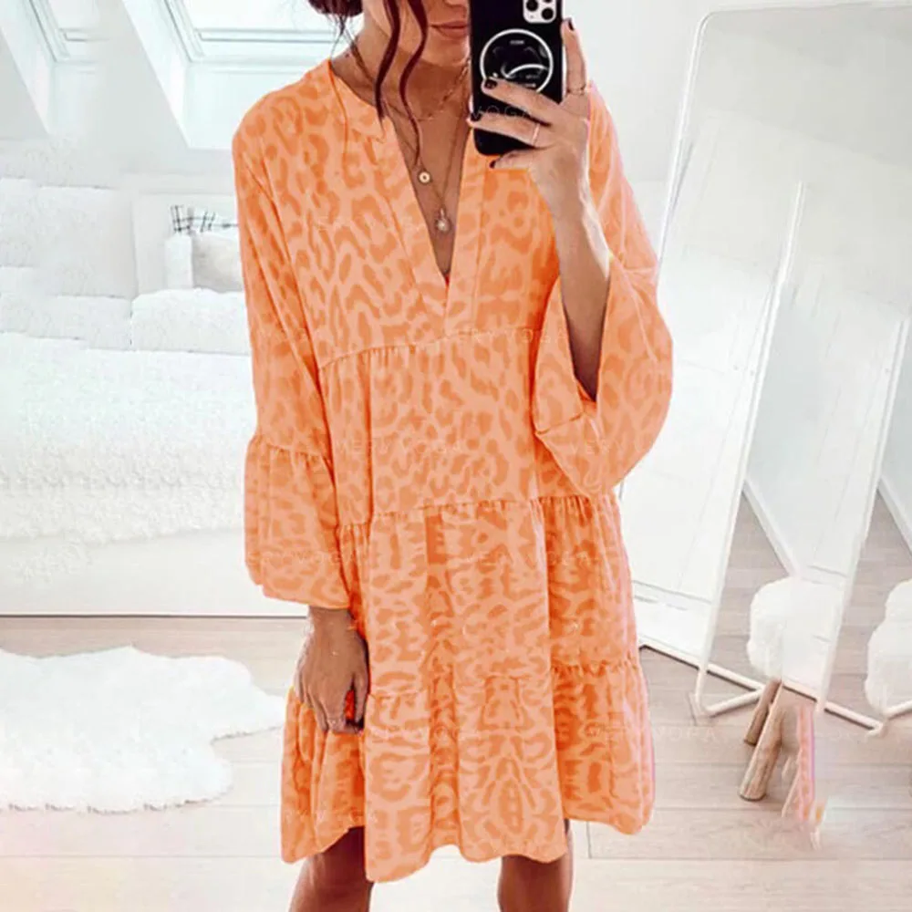 Осень свободные леопардовая расцветка с принтом мини-платье 2021 для женщин на