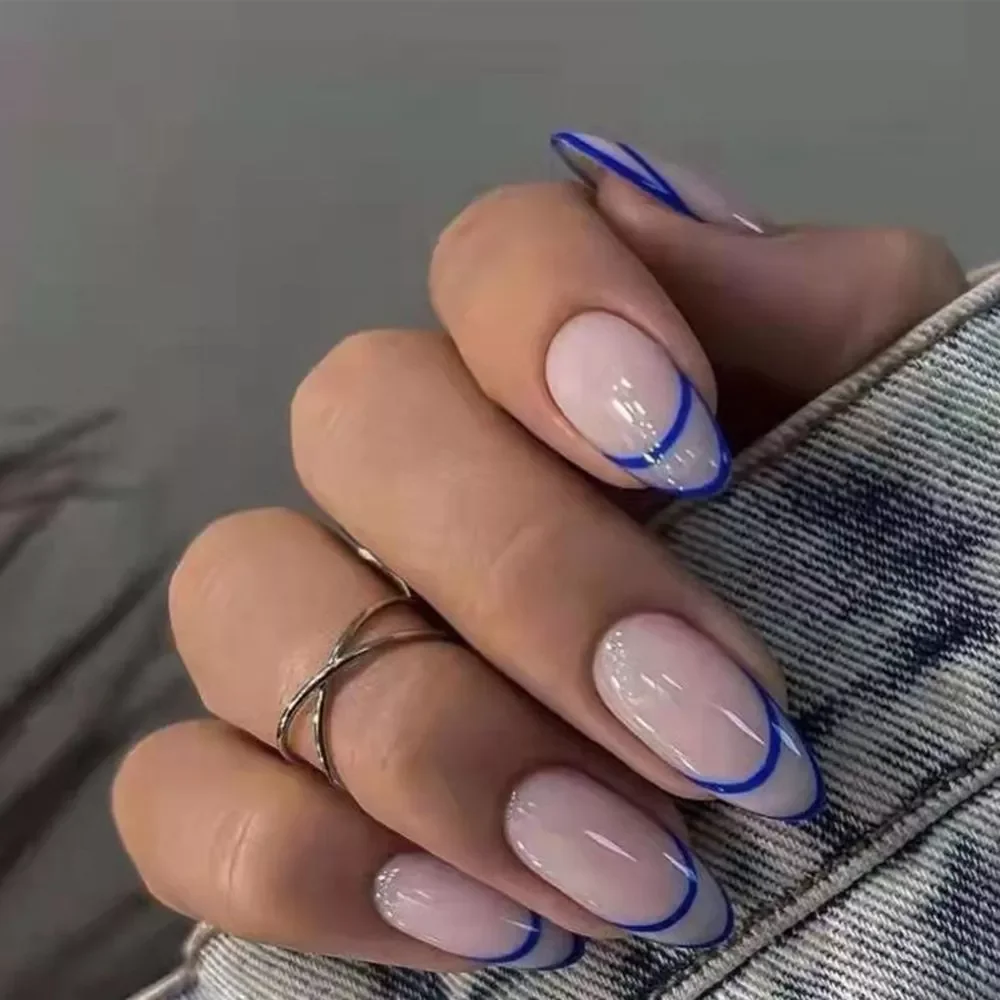 

24Pcs False Nails Almond Dark Pink Blue Line Design Artificial Ballerina Fake Nails With Glue Full Cover Nail Tips Press On Nail