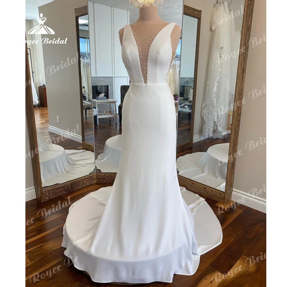 

Roycebridal Deep V Neck Soft Satin Backless Pearls Mermaid Wedding Dress for Women 2024 Bridal Gown vestido de noiva sereia
