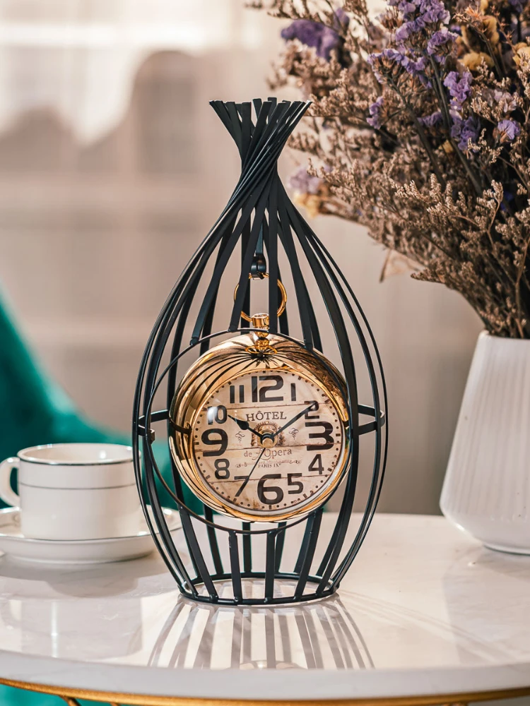 

Retro Iron Hollow Table Clock Bedroom Living Room Wine Cabinet Decoration Ornaments Creative Mute Table Clock Home Decoration