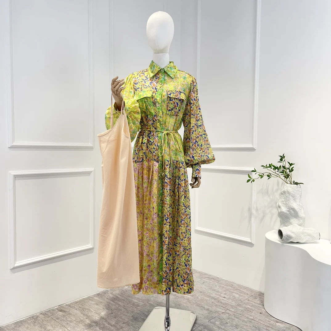 

2023 New Arrival Top Quality Charming Daisy Spliced Print Pockets Patchwork Self Belt Balloon Sleeve Shirtdress for Women