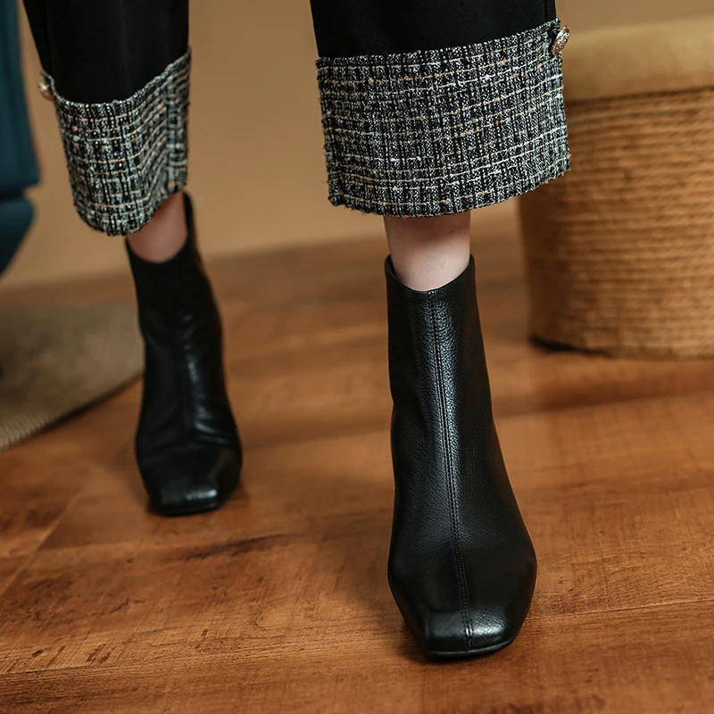 Весенне-осенние ботинки из воловьей кожи женская обувь на массивном каблуке