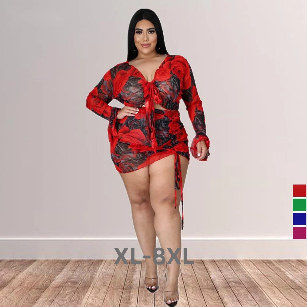 Plus Size Fashion Street Sexy Women Clothing Printed Drawstring Nightclub Wear Skirt Two Piece Set Whole 3xl 4xl 5xl 6xl