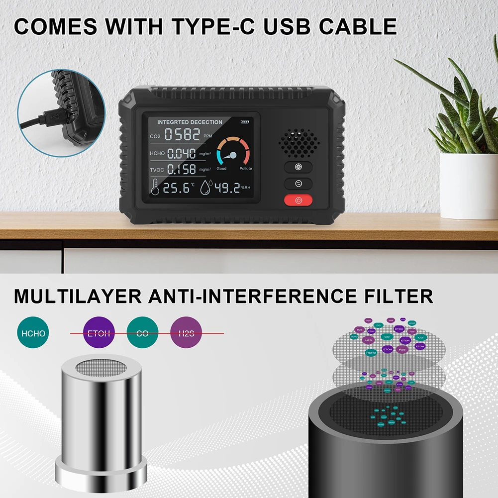 

Digital CO2 Sensor PPM Meters Mini Carbon Dioxide Detector Gas Analyzer Air Quality Monitor USB Detector TVOC HCHO PM2.5 Meter