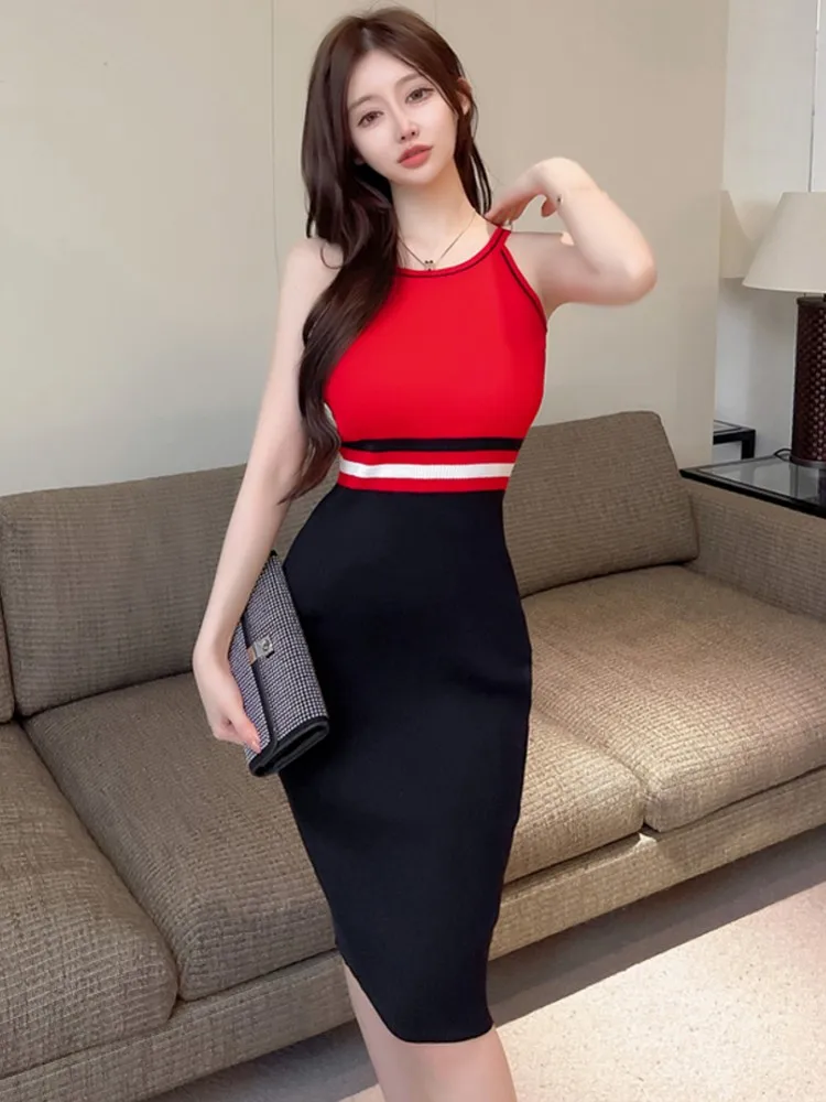 

Runway Summer Korean Knitted Sexy Sleeveless Dress Women's Casual OL Chic Vest Patchwork Slim Dresses Vestidos Female