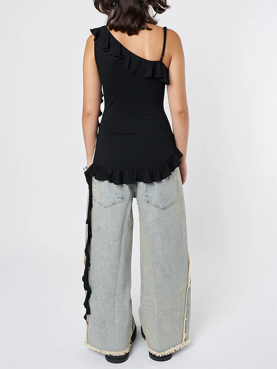 

Women Grunge Tank Tops Vintage Ruffles Trim Backless Sleeveless Asymmetric Tops Summer Slim Fit Solid Color Y2K Tee