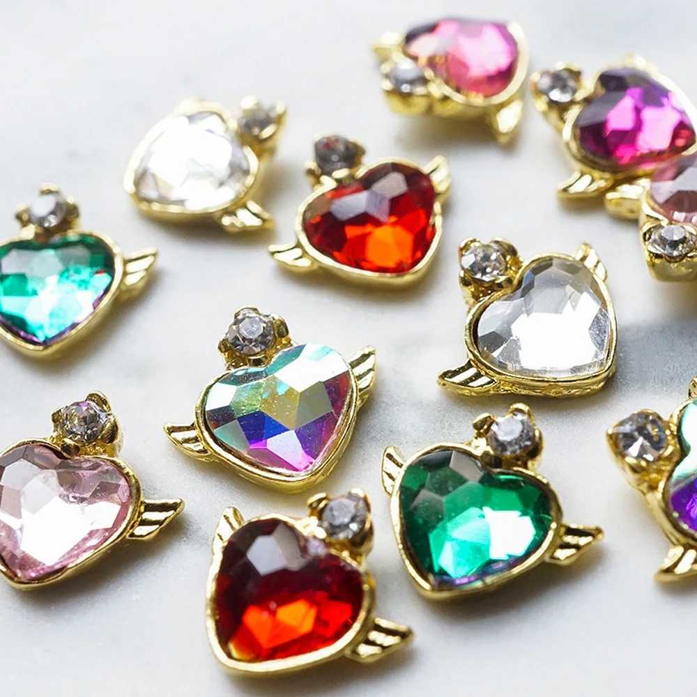 

10Pcs/Bag Zircon Heart Angel Metal Nail Art Decoration Crystal Rhinestone Luxury Wing Charms Heart Alloy Gems Manicure Parts U-3