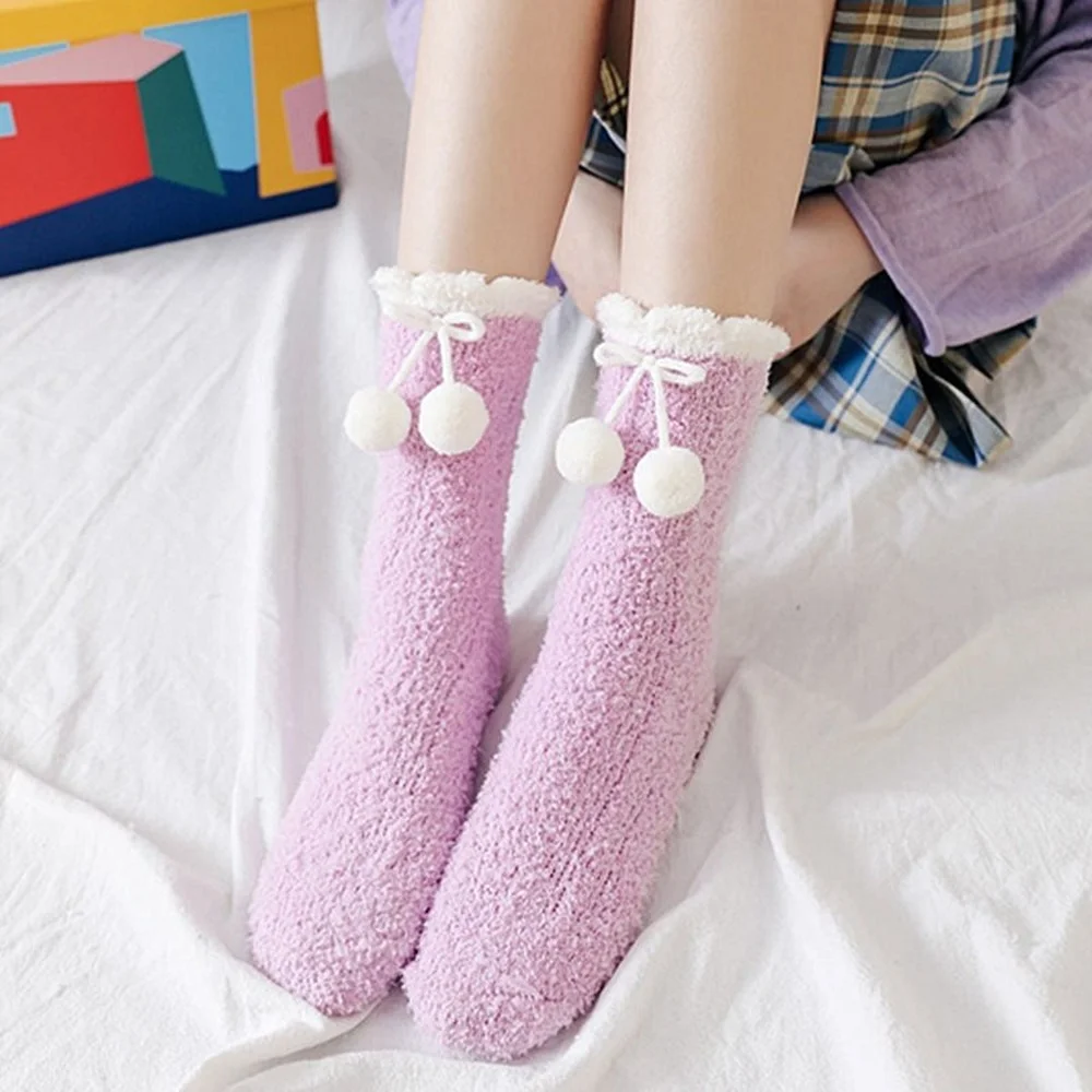 5 Pairs New Solid Color Hair Ball Coral Fleece Women Socks Warm Mid-tube Pink Furry Home Floor Sleepping Socks