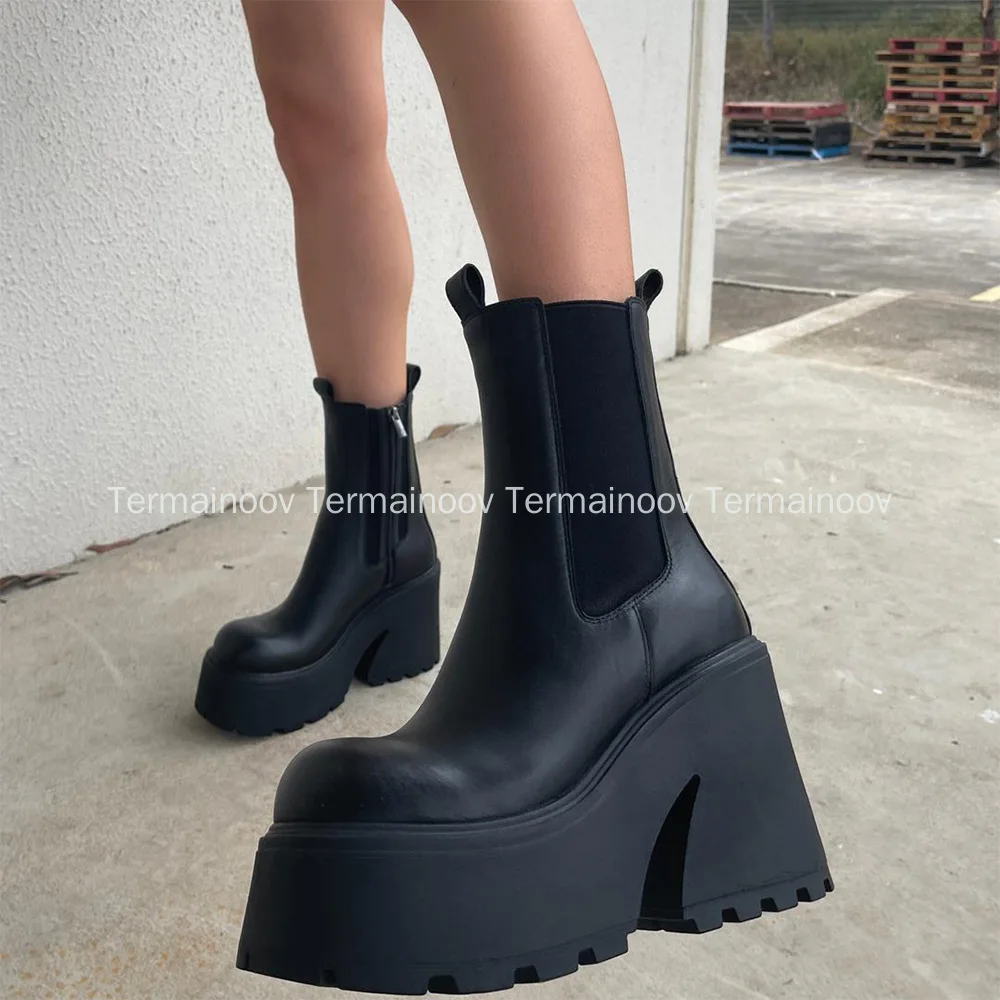 

Termainoov Women Boots Chunky Heel Platform Fashion New Winter Boots Ankle Big Size 43 Heeled Warm Short Booties