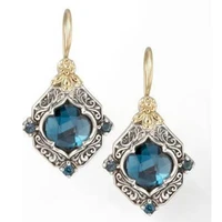vintage square blue stone boho earrings for women ancient ethnic tone engraving flower pattern dangle earrings jewelry