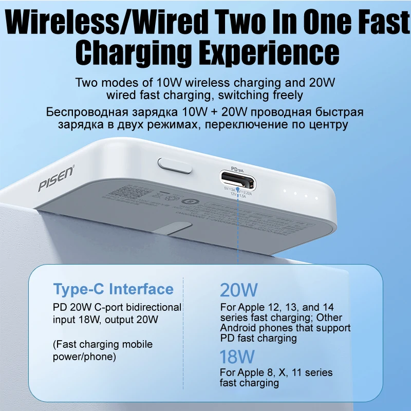 PISEN Power Bank 10000mAh 20W Magnetic Wireless Fast Charge Powerbank For iPhone 13 12 14 Mini Pro Max Portable External Battery