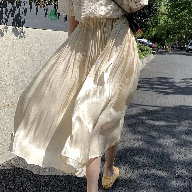 

2023 New Arrival Spring Korean Style Elegant Long Women Casual A-line Mid-calf Skirt All-matched Elastic Waist Mesh Skirts A54