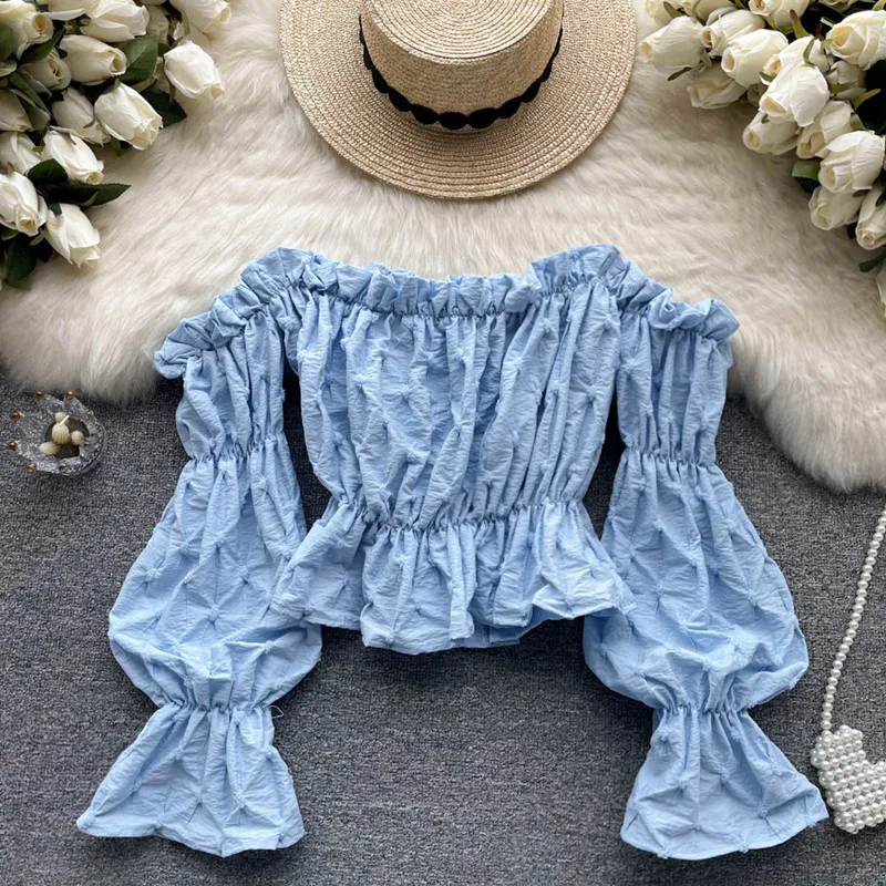 

Design sense flared Sleeve Shirt Top Autumn women's off shoulder pleated beautiful blouse blusas mujer de moda 2022