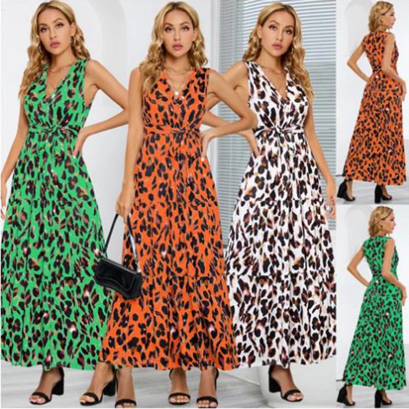 

Women's V-neck Leopard Print Thin Lace-up Cross-border Cocktail Party Fashion Long Skirt Dropshipping Factory OEM/ODM Dress S2XL