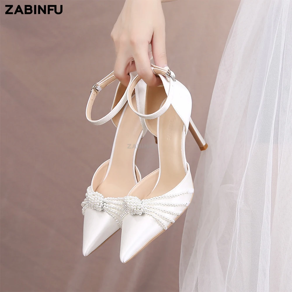 Pearl Chain Luxury Women Heels 2023 New In Pointed Toe Stiletto Ankle Buckle Heeled Sandals Sexy Satin White Wedding Shoes Bride