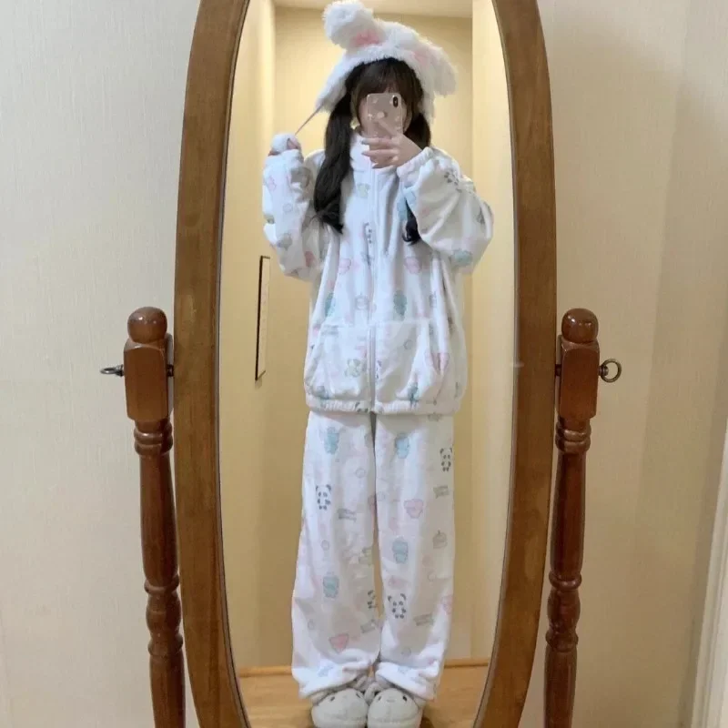 Японская коралловая бархатная флисовая пижама из двух предметов женская одежда