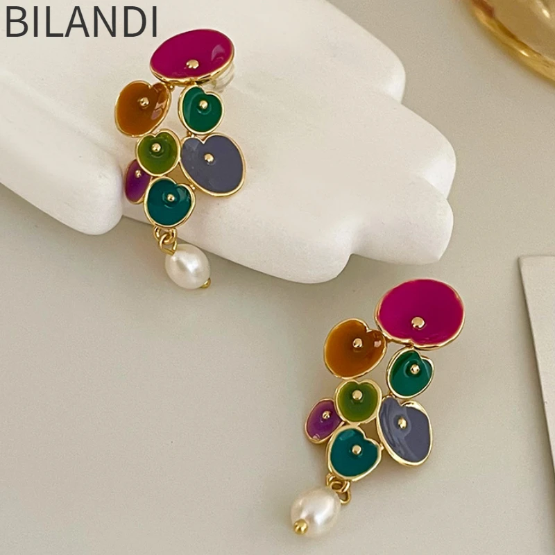 

Bilandi Modern Jewelry 925 Silver Needle Simulated Pearl Geometric Enamel Colorful Dangle Earrings For Women Girl Party Gift