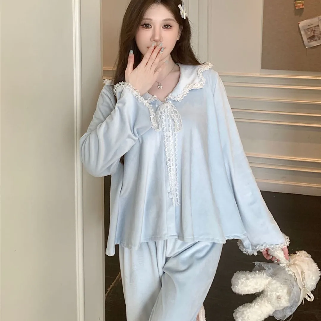 Утолщенные теплые женские островные бархатные пижамы осень-зима удобная