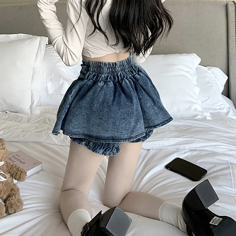 Harajuku Punk Y2K Denim Mini Pleated Skirt Lady Summer High Waist Jeans Shorts Skirts Women Ruffles Fashion Korean Shorts Skirts