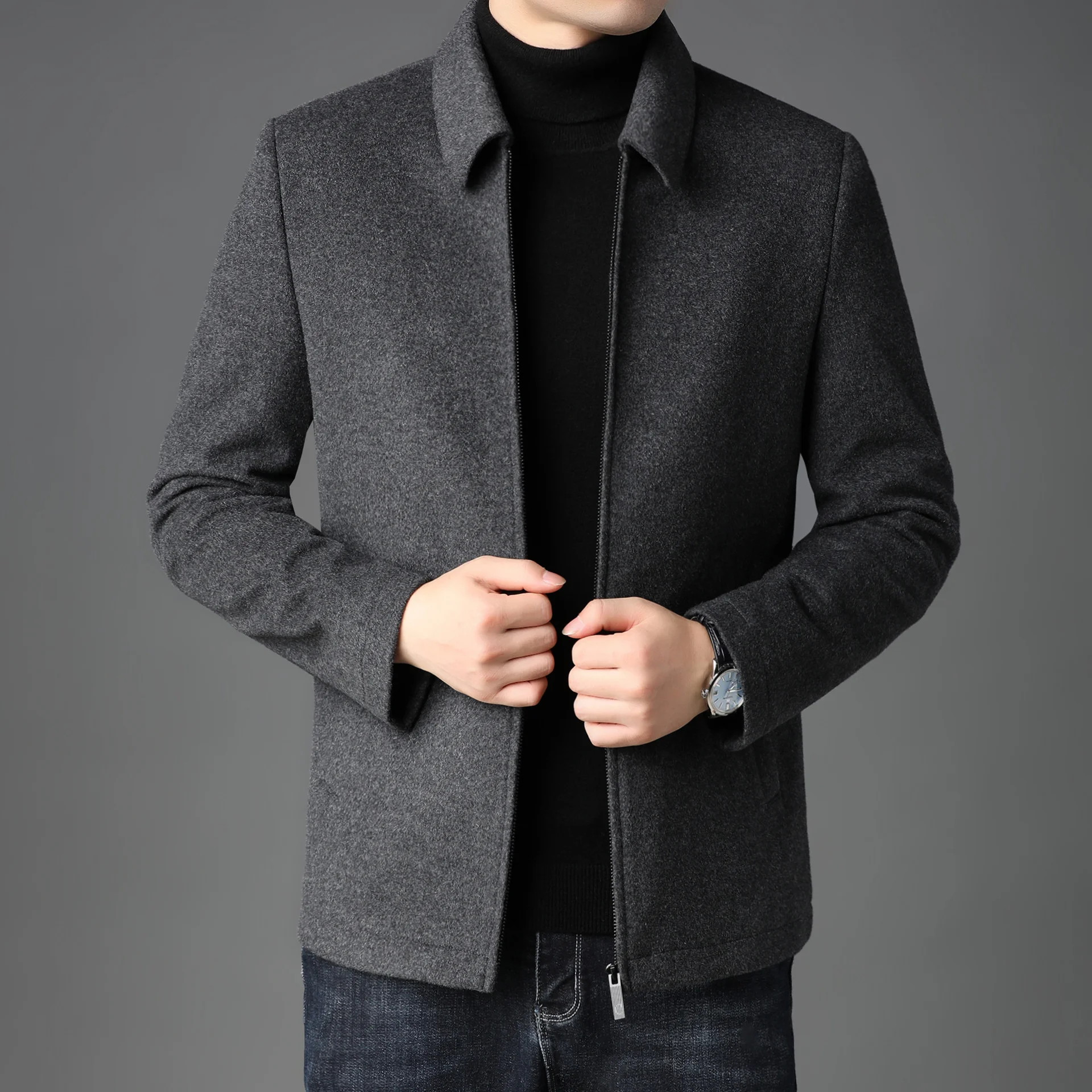 

middle Br old loose age pure wool men's short jacket autumn and winter new middle-aged dad's woolen coat