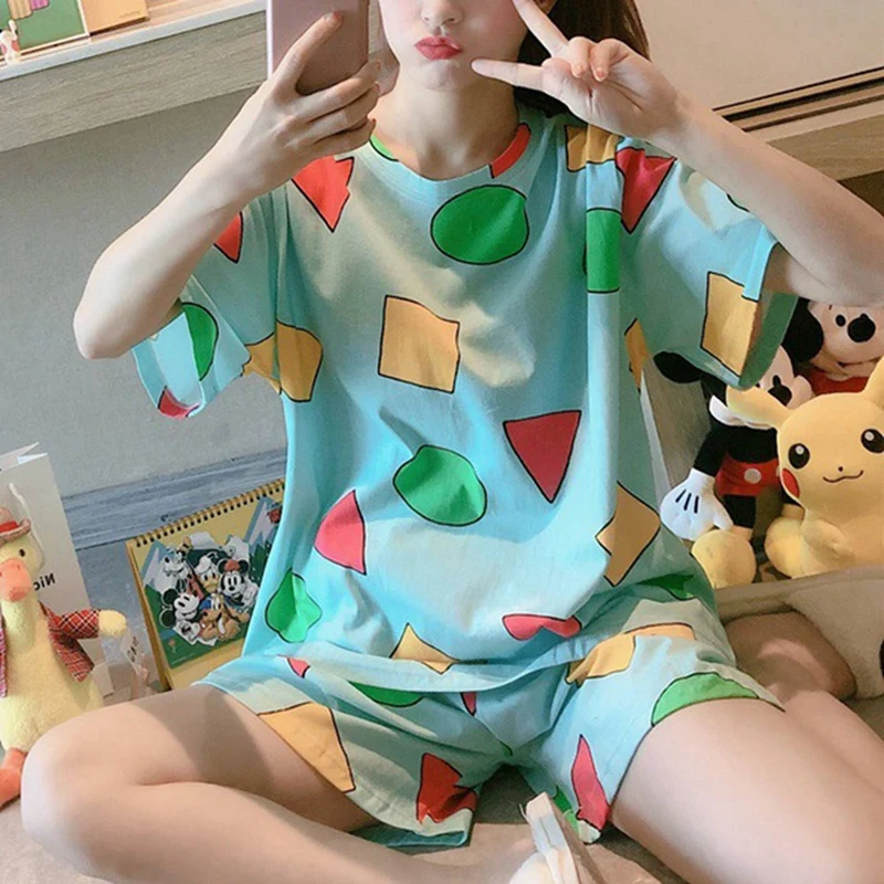 2X Pajamas Short-Sleeved Korean Cartoon Fresh And Thin Home Service 2-Piece Blue L
