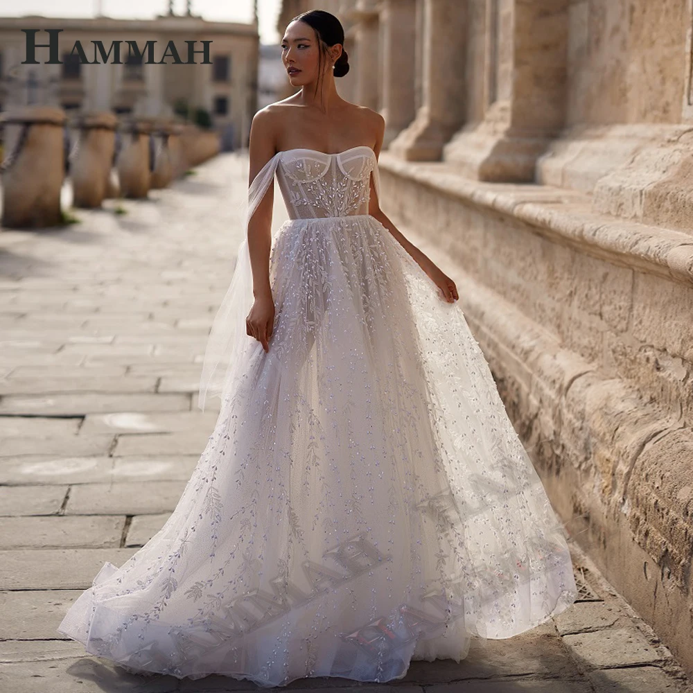 

HAMMAH Sweetheart Appliques Wedding Dresses For Mariages Stylish Lace Off The Shoulder Tulle Pleats A Line Zipper Custom Made