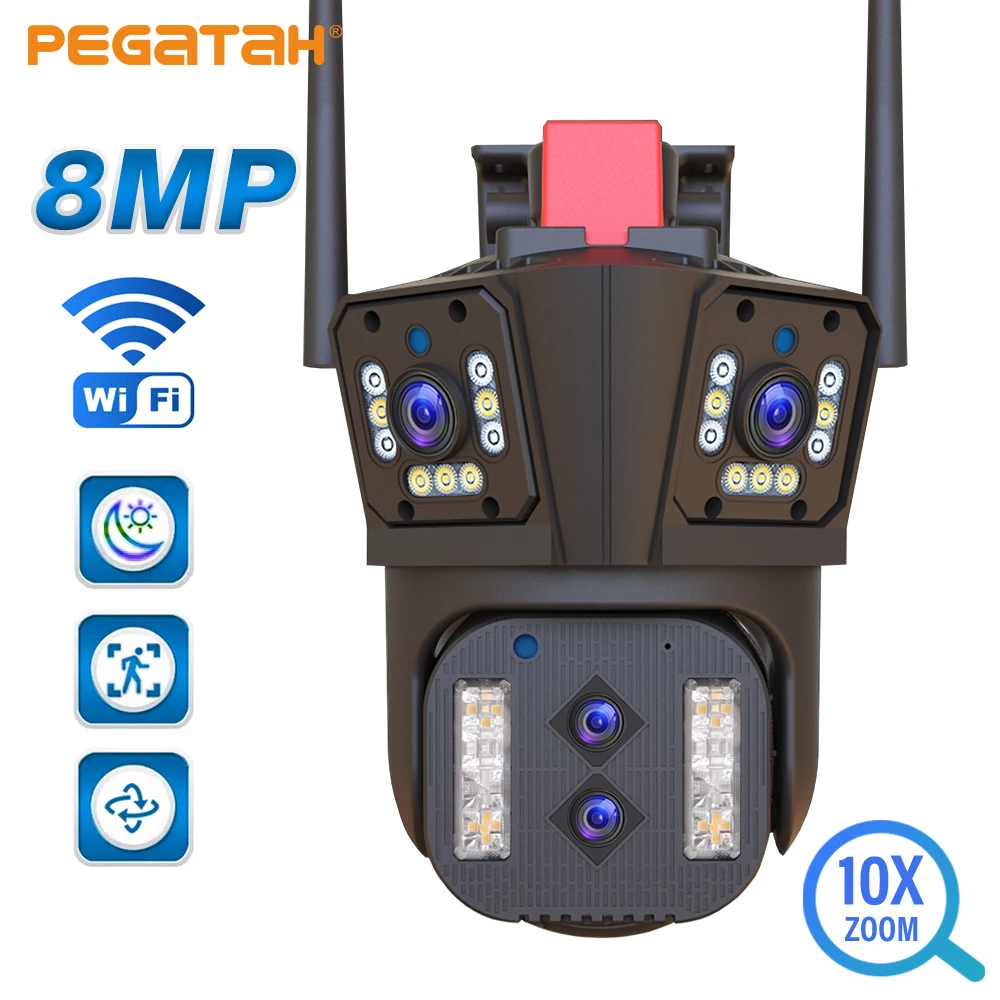 

PEGATAH 6MP IP Camera with Three Lenses Screens PTZ Outdoor Night Vision PTZ Security Cam Wireless CCTV Surveillance Cameras