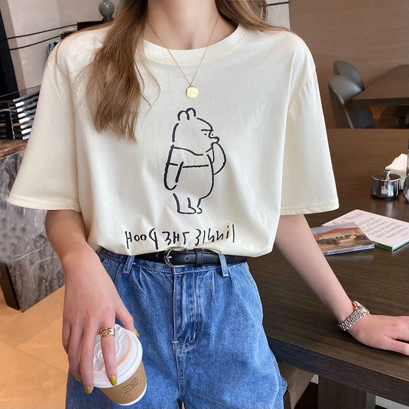 

Cotton Short Sleeve T-shirt Women's 2022 New Round Neck Summer Korean Version Versatile Thin Loose Bear Half Sleeve Top