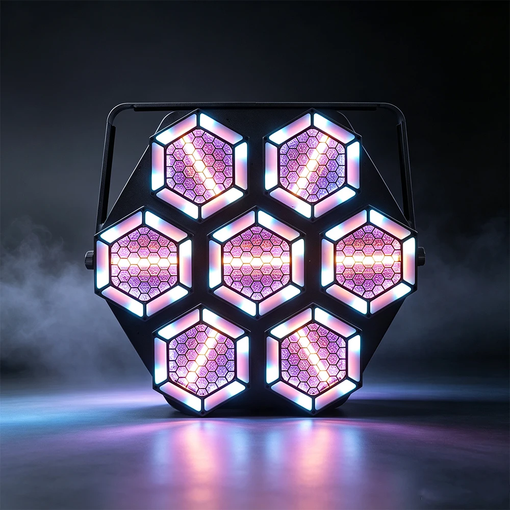 Фото 7-светодиодный шестиугольный винтажный сценический светильник RGB с пиксельной матрицей, ретро-эффект, DMX-управление, стробоскоп, фоновое освещение для баров и клубов №1