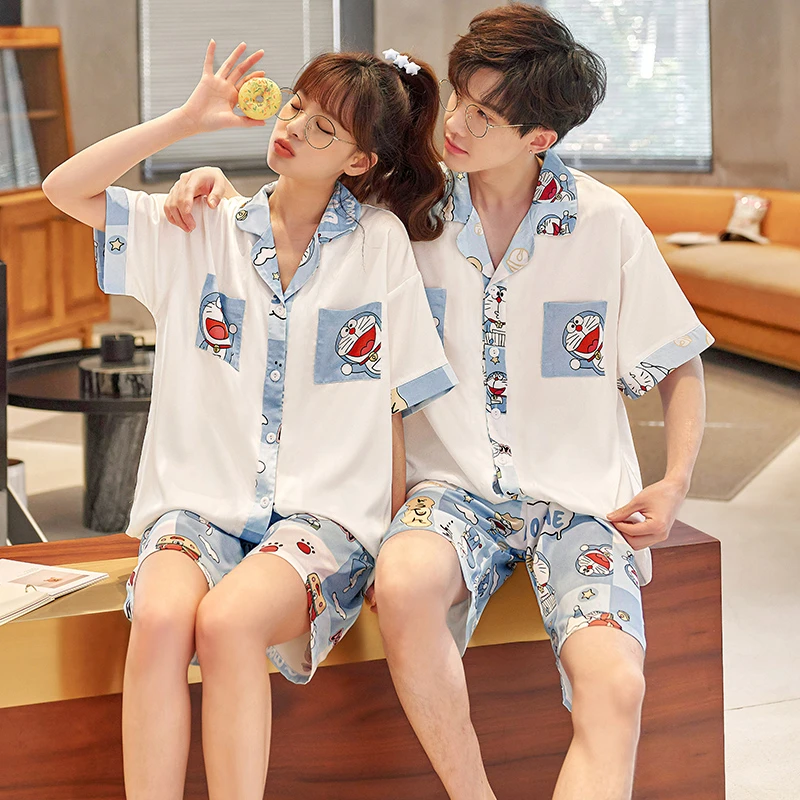 

2023 Summer Women Men Pajama Sets Anime Doraemon Couple Pijama Sleepwear Korean Loose V-Neck Silk Cloth Pyjama Home Clothes