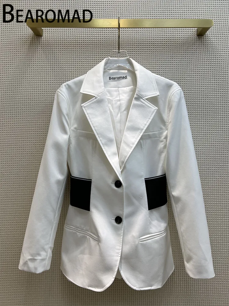 

Bearomad 2022 New Runway Office Ladies Summer White Blazer Women's Turn-down Collar Single Breasted Pockets Straight Blazer Coat