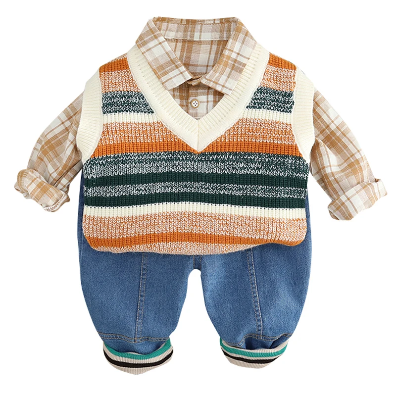 

3 шт., клетчатая рубашка и джинсы для мальчиков