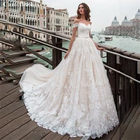 elegant tulle off the shoulder neckline a line wedding dresses 2022 for women with lace appliques bride gowns vestidos de novia