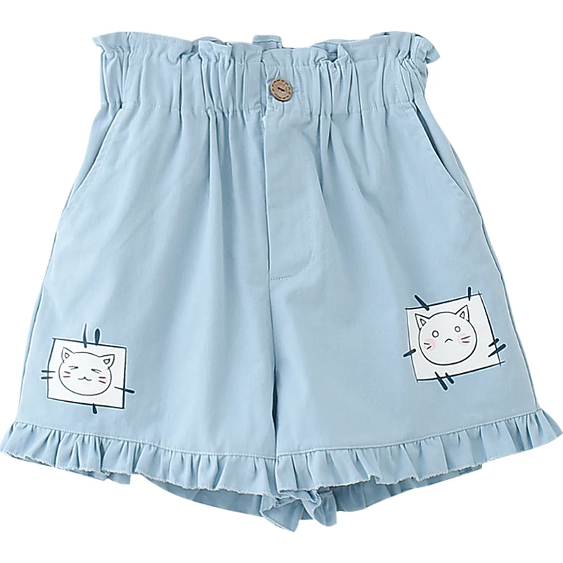 Summer Women Clothing College Style Vintage Ruffle Shorts Japanese Kawaii Blue Shorts for Teen Soft Girls Cute Cat Cartoon Print