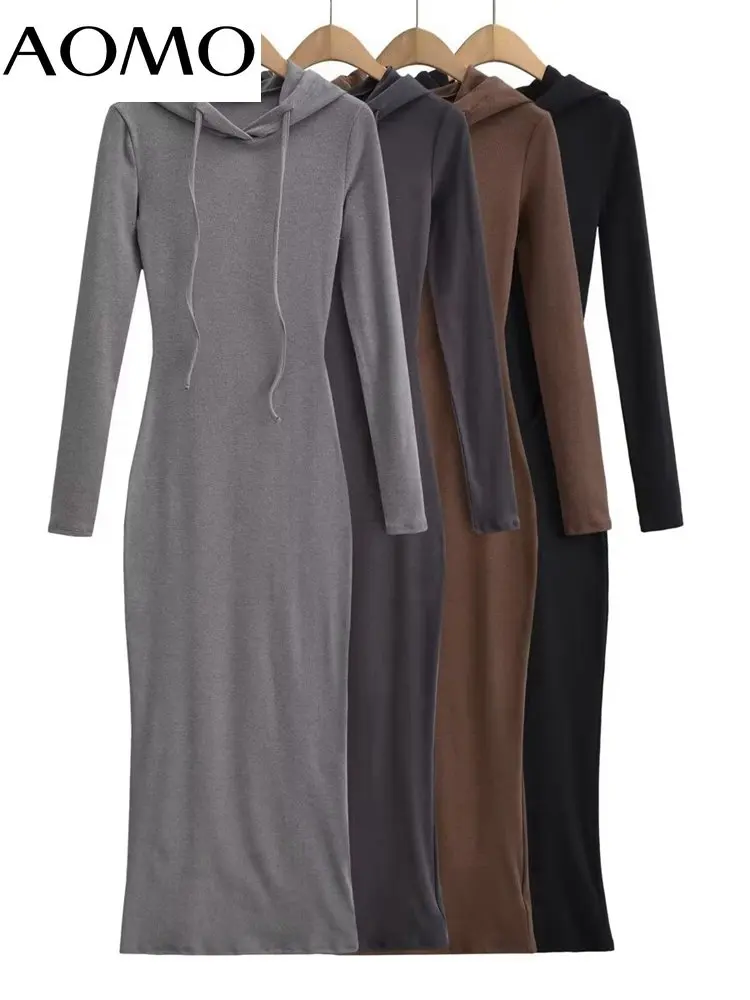 

AOMO 2022 Fashion Women Solid Hood Knit Dress Long Sleeve Ladies Long Dress 4P146A